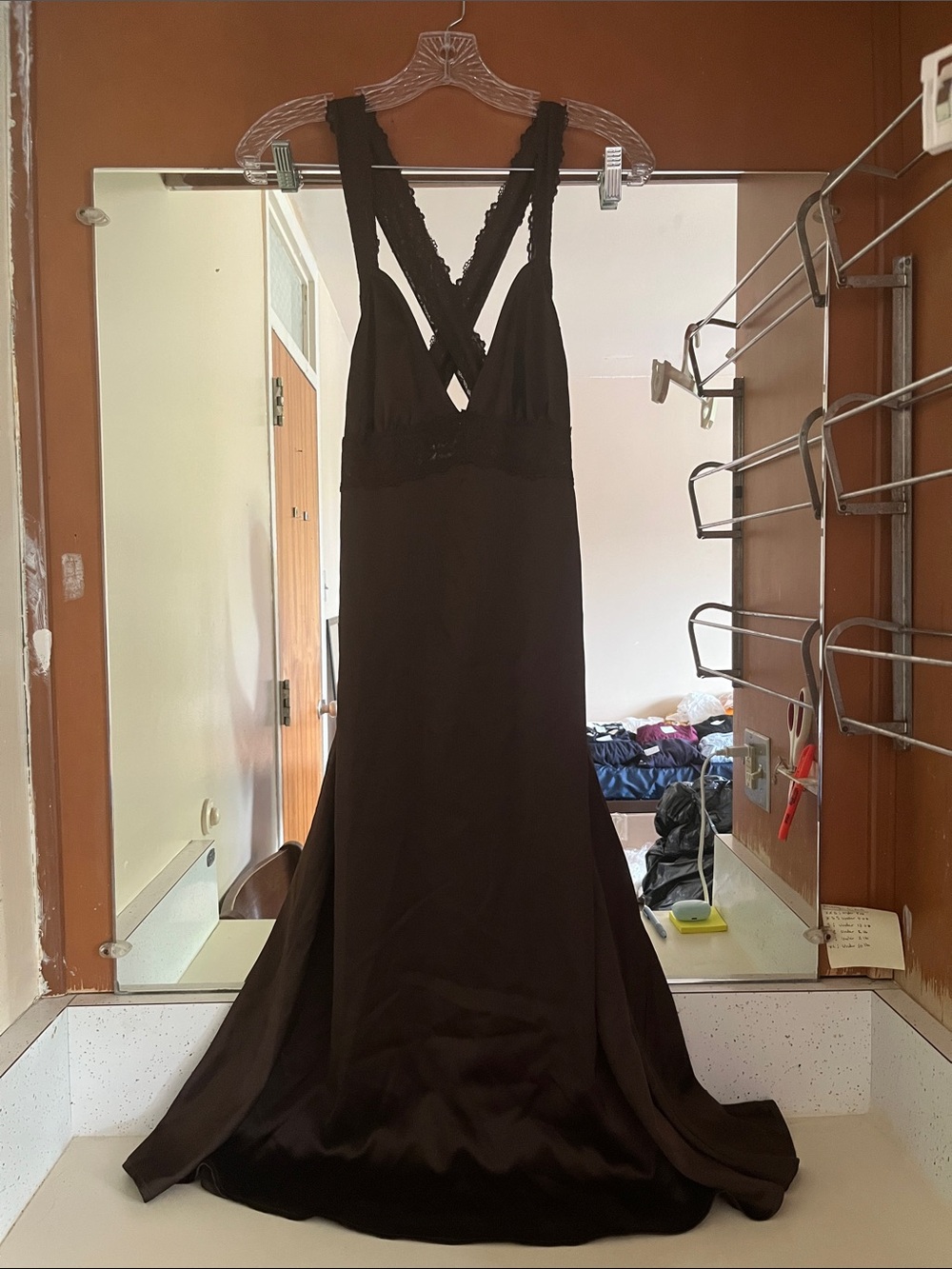 wild fable Black Backless Satin Gown with Lace Straps